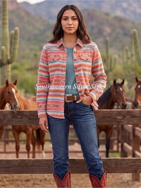 Ariat Southwestern 100% Cotton Coral White Teal Serape Strip Women’s XXL Shirt
